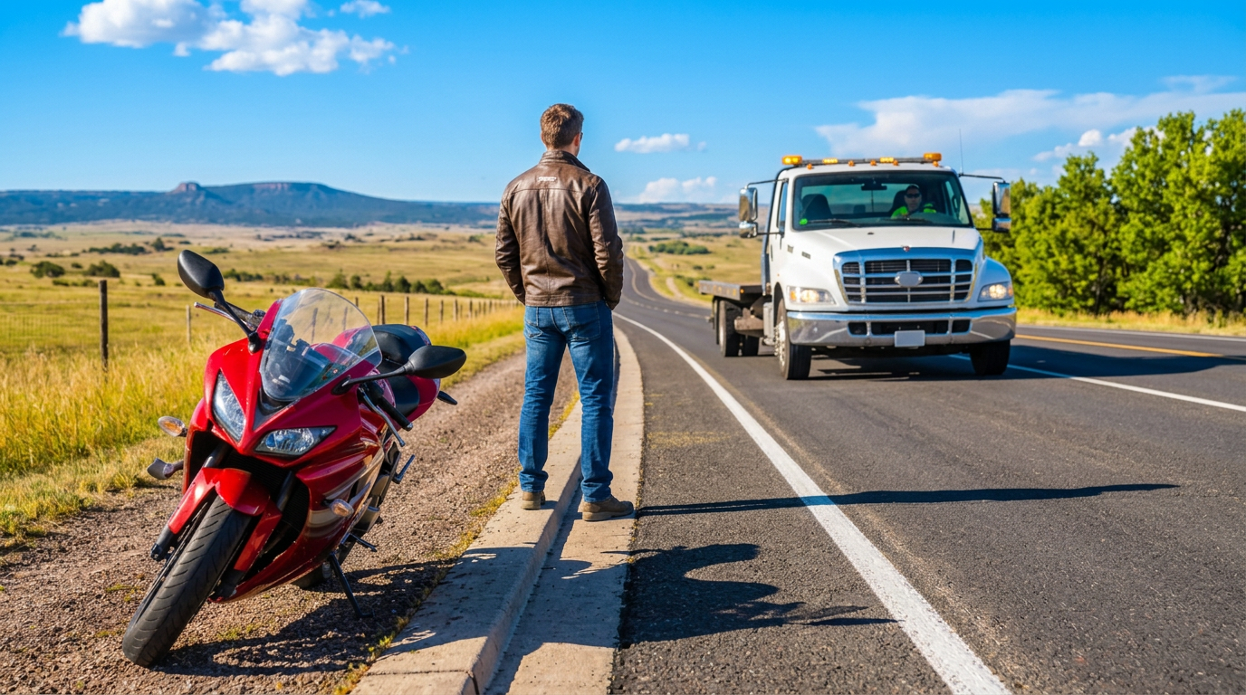 Stranded motorcycle on the roadside at sunset with a flat-bed tow truck approaching